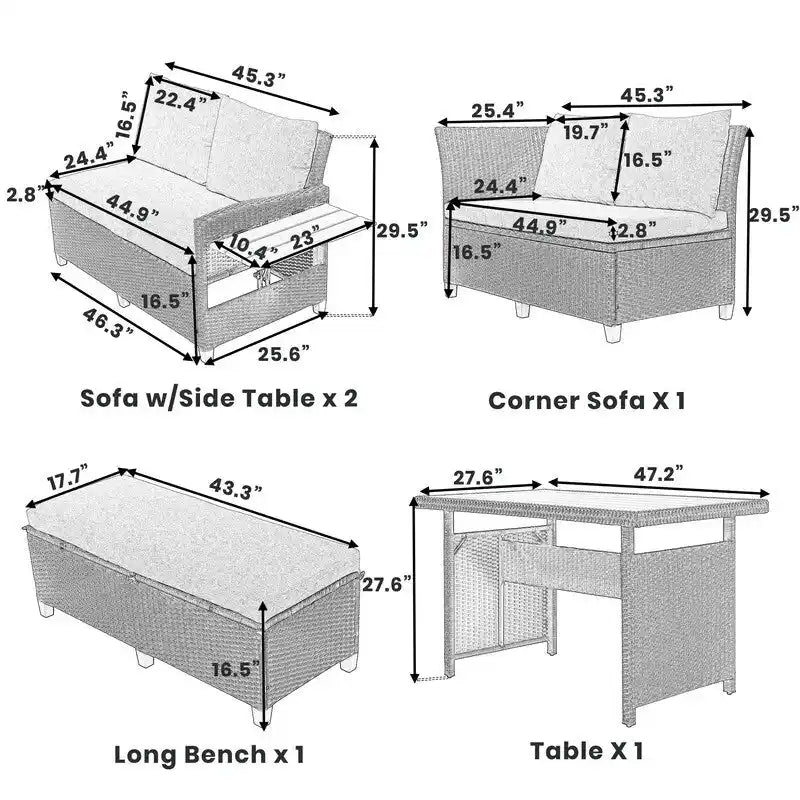 Ensemble de canapé d'angle en rotin 5 pièces avec 2 tables d'appoint extensibles