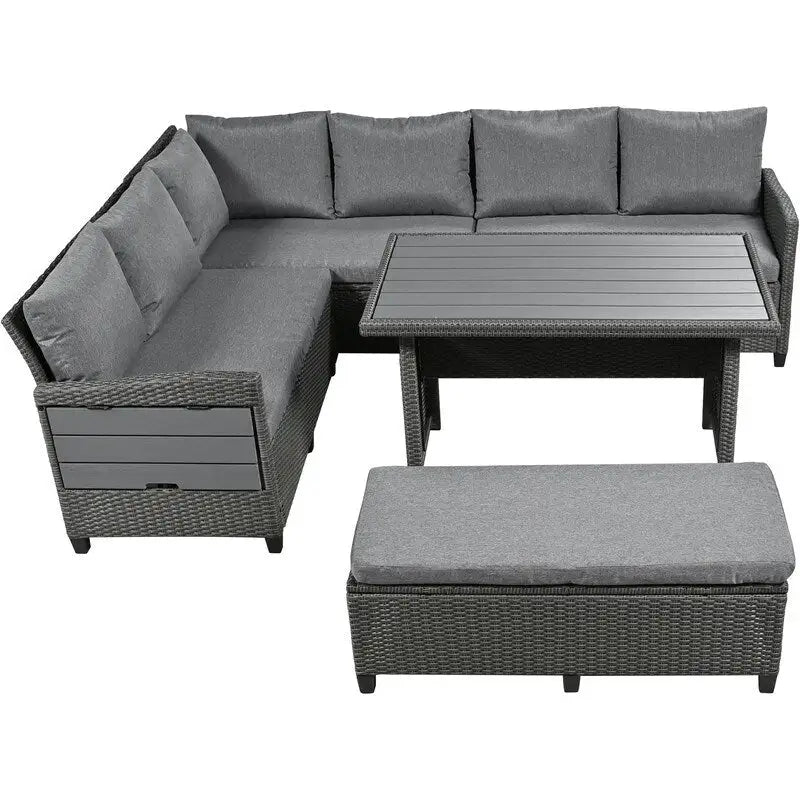 Ensemble de canapé d'angle en rotin 5 pièces avec 2 tables d'appoint extensibles