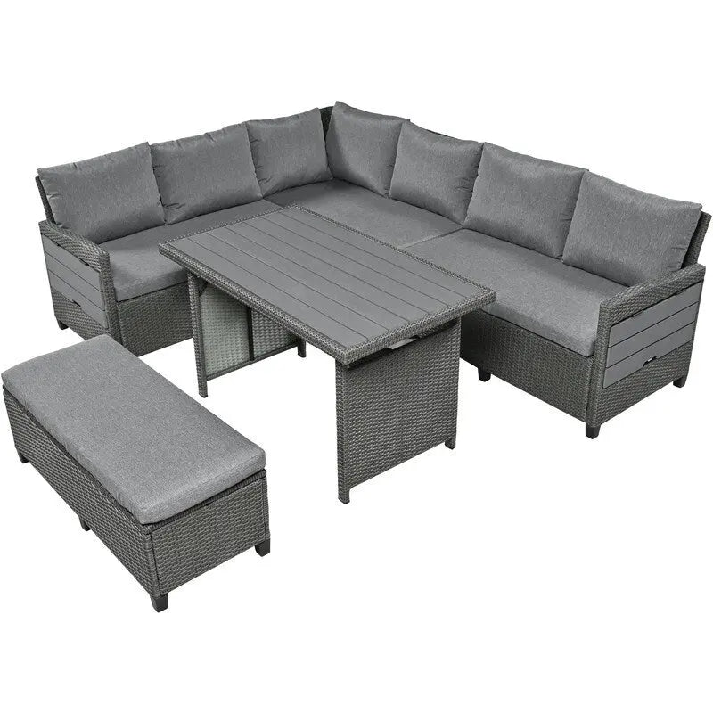 Ensemble de canapé d'angle en rotin 5 pièces avec 2 tables d'appoint extensibles