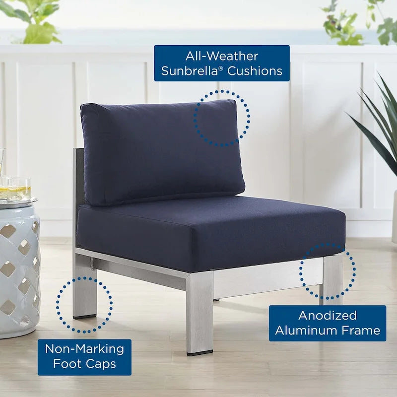 Chaise de patio extérieure sans accoudoirs en aluminium et tissu Sunbrella Shore