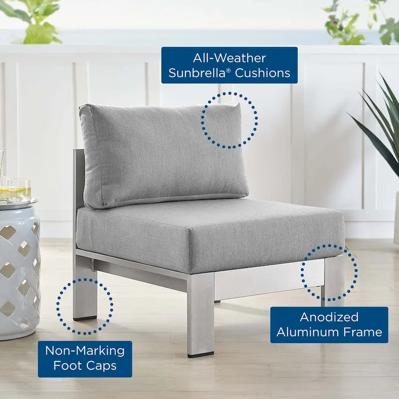 Chaise de patio extérieure sans accoudoirs en aluminium et tissu Sunbrella Shore
