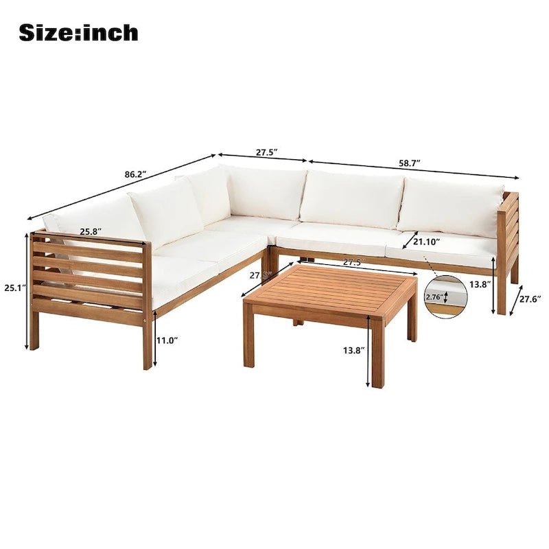 Ensemble de canapé d'extérieur en bois 4 pièces avec coussins et table basse
