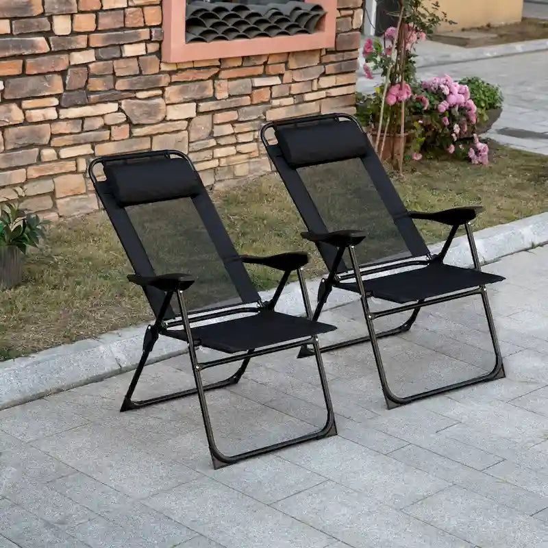 Ensemble de 2 chaises de patio pliantes, chaise longue avec dossier inclinable réglable, chaise de camping avec appui-tête amovible