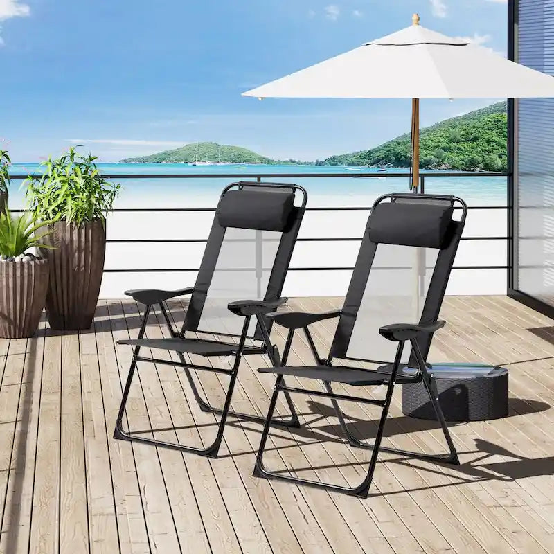 Ensemble de 2 chaises de patio pliantes, chaise longue avec dossier inclinable réglable, chaise de camping avec appui-tête amovible