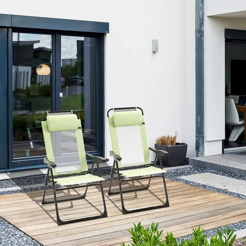 Ensemble de 2 chaises de patio pliantes, chaise longue avec dossier inclinable réglable, chaise de camping avec appui-tête amovible