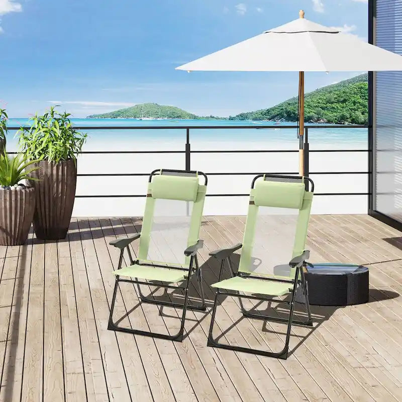 Ensemble de 2 chaises de patio pliantes, chaise longue avec dossier inclinable réglable, chaise de camping avec appui-tête amovible