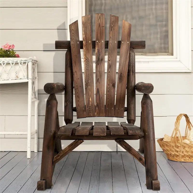Fauteuil à bascule d'extérieur en bois avec assise à lattes et dossier haut