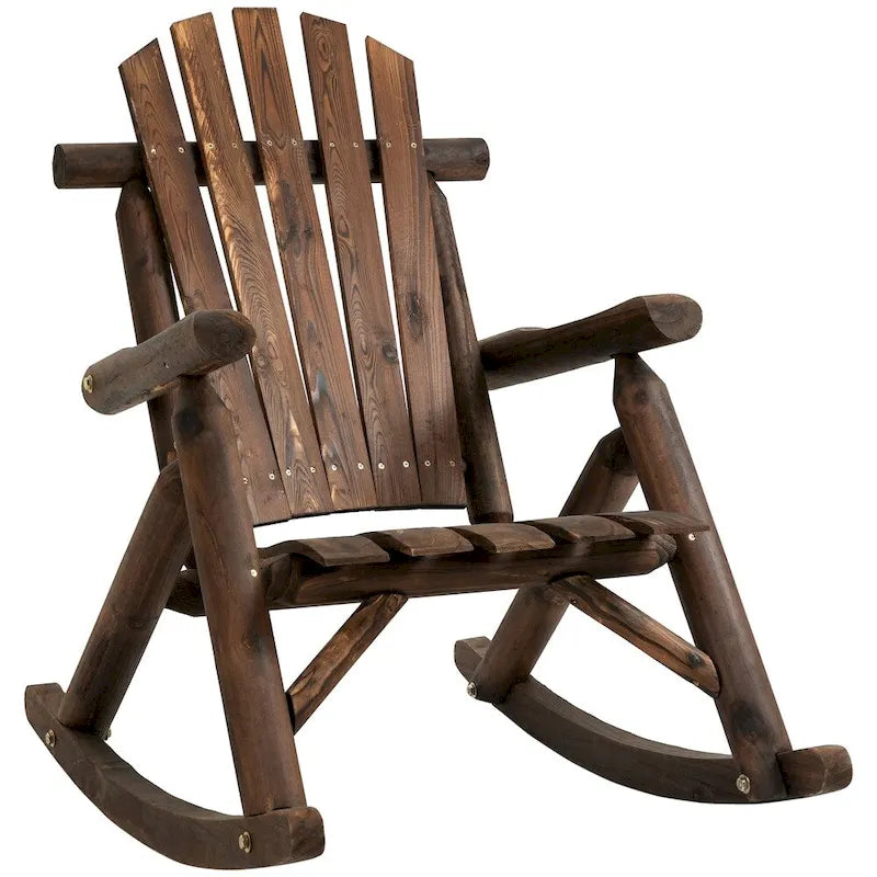 Fauteuil à bascule d'extérieur en bois avec assise à lattes et dossier haut