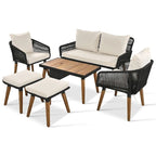 Ensemble de mobilier de jardin en corde 6 pièces pour 6 personnes avec deux tabourets et une table de bar tendance.