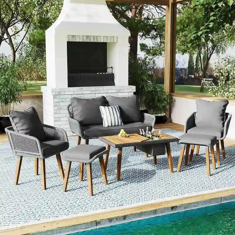Ensemble de mobilier de jardin en corde 6 pièces pour 6 personnes avec deux tabourets et une table de bar tendance.