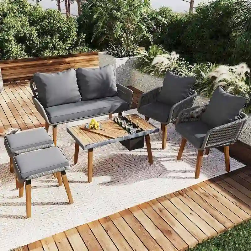Ensemble de mobilier de jardin en corde 6 pièces pour 6 personnes avec deux tabourets et une table de bar tendance.