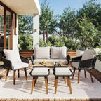 Ensemble de mobilier de jardin en corde 6 pièces pour 6 personnes avec deux tabourets et une table de bar tendance.