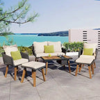 Ensemble de mobilier de jardin en corde 6 pièces pour 6 personnes avec deux tabourets et une table de bar tendance.