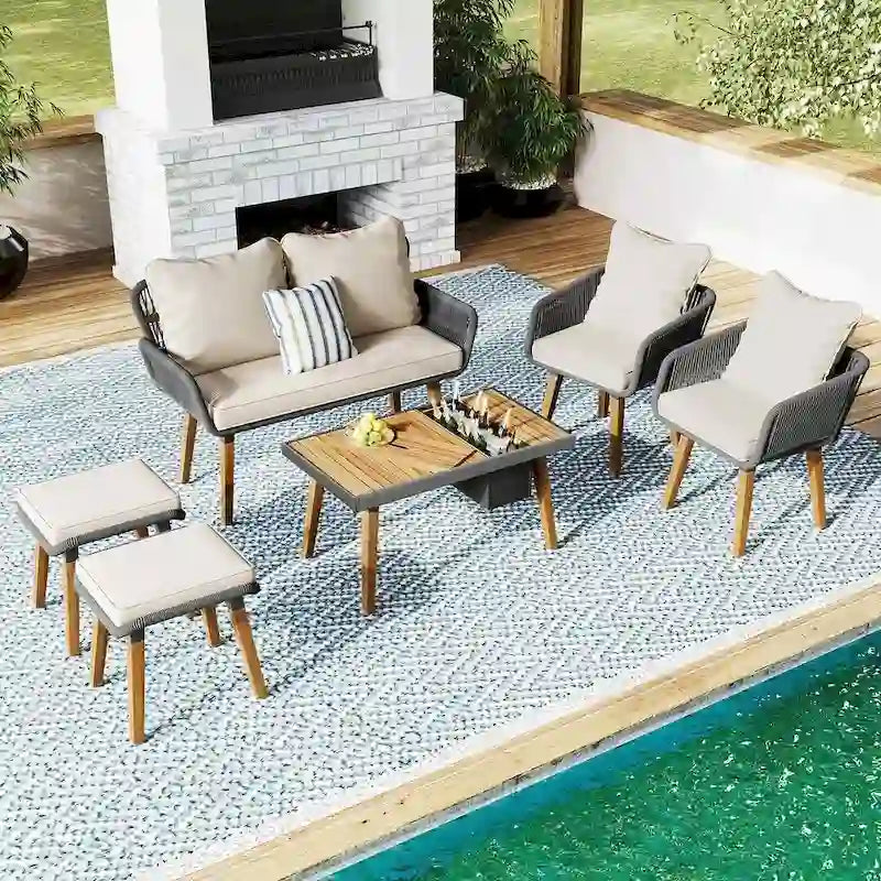 Ensemble de mobilier de jardin en corde 6 pièces pour 6 personnes avec deux tabourets et une table de bar tendance.