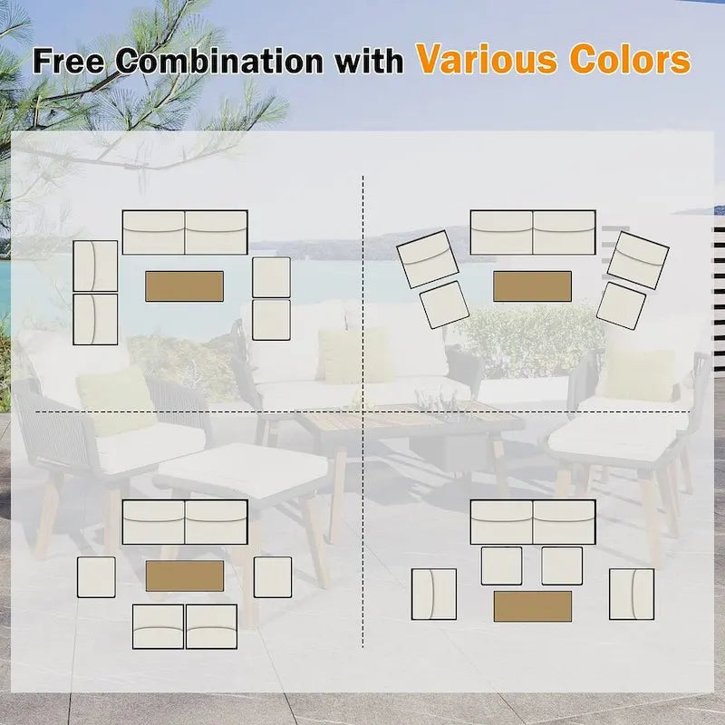 Ensemble de mobilier de jardin en corde 6 pièces pour 6 personnes avec deux tabourets et une table de bar tendance.