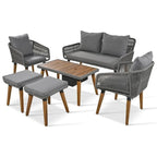 Ensemble de mobilier de jardin en corde 6 pièces pour 6 personnes avec deux tabourets et une table de bar tendance.