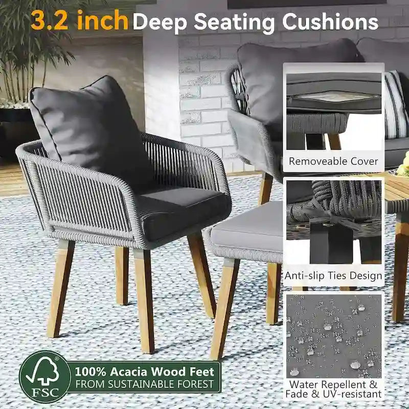 Ensemble de mobilier de jardin en corde 6 pièces pour 6 personnes avec deux tabourets et une table de bar tendance.