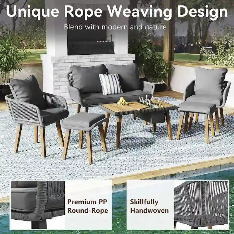Ensemble de mobilier de jardin en corde 6 pièces pour 6 personnes avec deux tabourets et une table de bar tendance.
