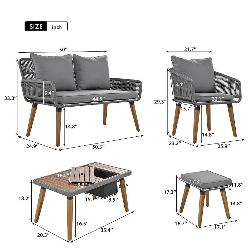 Ensemble de mobilier de jardin en corde 6 pièces pour 6 personnes avec deux tabourets et une table de bar tendance.
