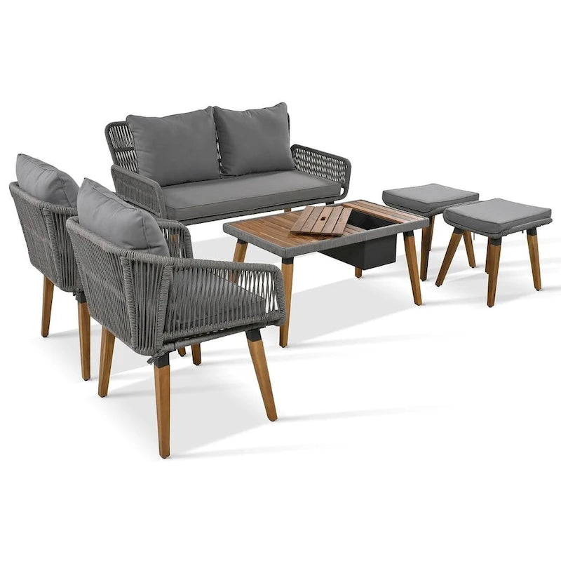 Ensemble de mobilier de jardin en corde 6 pièces pour 6 personnes avec deux tabourets et une table de bar tendance.