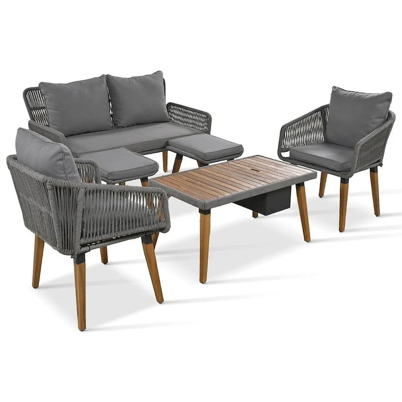 Ensemble de mobilier de jardin en corde 6 pièces pour 6 personnes avec deux tabourets et une table de bar tendance.