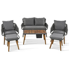 Ensemble de mobilier de jardin en corde 6 pièces pour 6 personnes avec deux tabourets et une table de bar tendance.