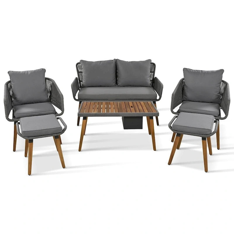 Ensemble de mobilier de jardin en corde 6 pièces pour 6 personnes avec deux tabourets et une table de bar tendance.