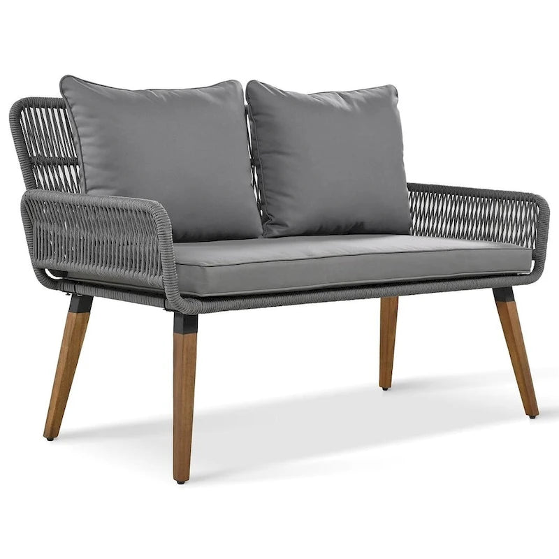 Ensemble de mobilier de jardin en corde 6 pièces pour 6 personnes avec deux tabourets et une table de bar tendance.