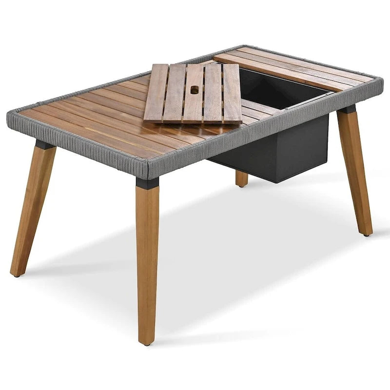 Ensemble de mobilier de jardin en corde 6 pièces pour 6 personnes avec deux tabourets et une table de bar tendance.