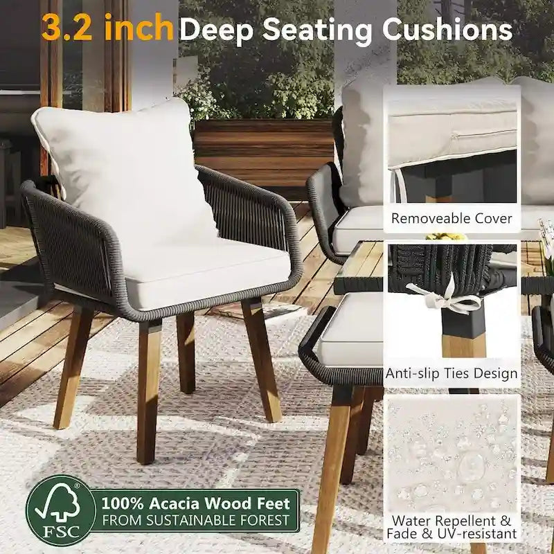 Ensemble de mobilier de jardin en corde 6 pièces pour 6 personnes avec deux tabourets et une table de bar tendance.