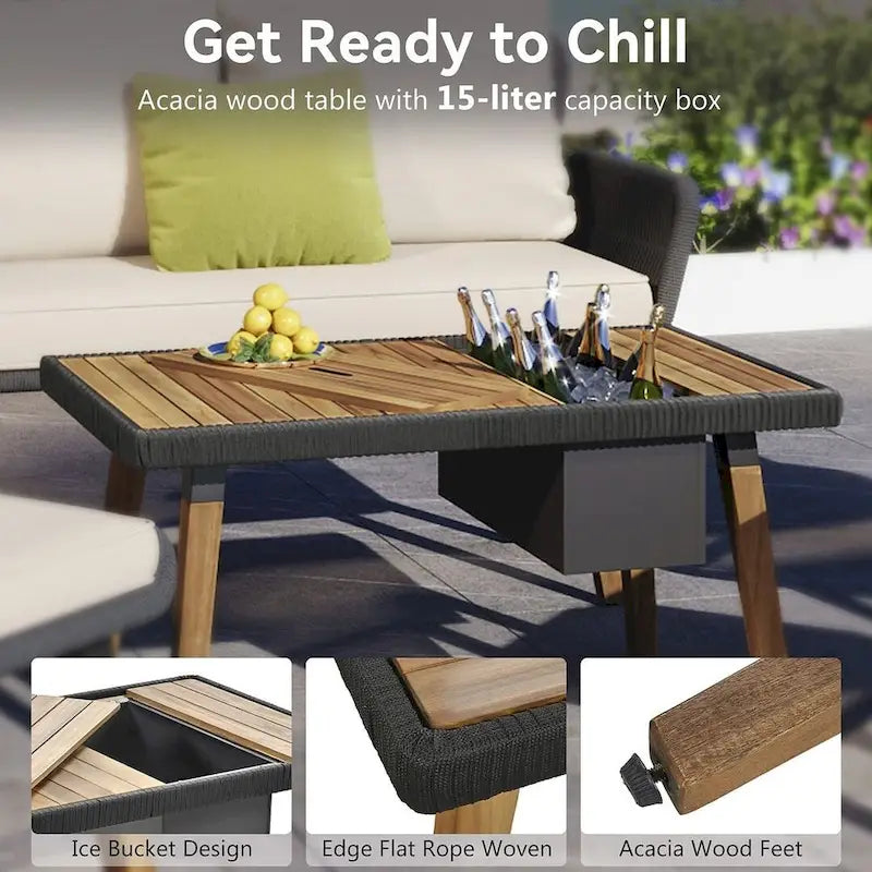 Ensemble de mobilier de jardin en corde 6 pièces pour 6 personnes avec deux tabourets et une table de bar tendance.