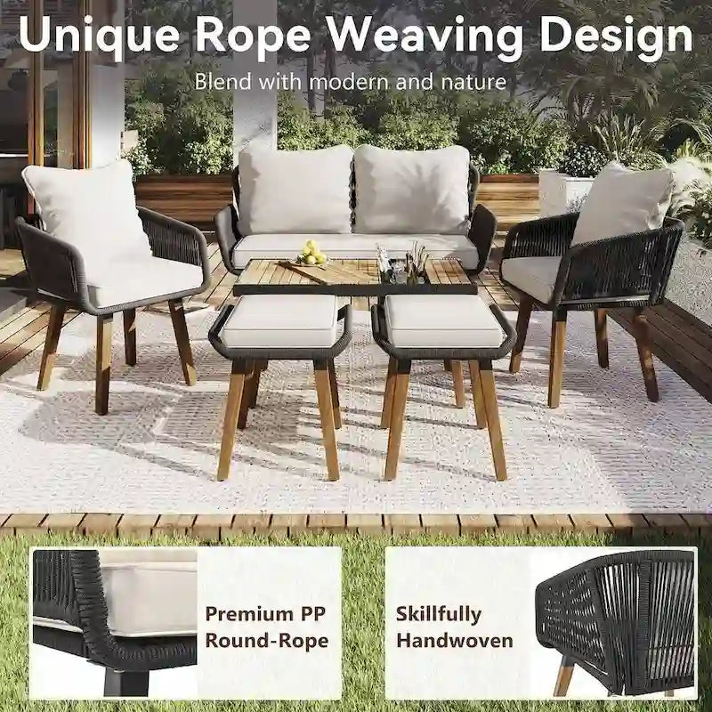Ensemble de mobilier de jardin en corde 6 pièces pour 6 personnes avec deux tabourets et une table de bar tendance.