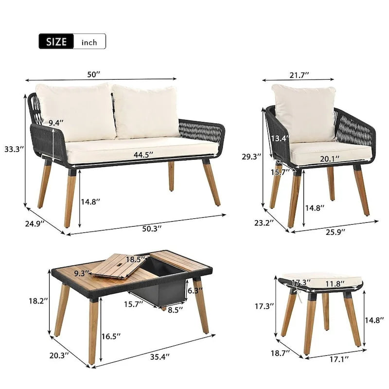 Ensemble de mobilier de jardin en corde 6 pièces pour 6 personnes avec deux tabourets et une table de bar tendance.