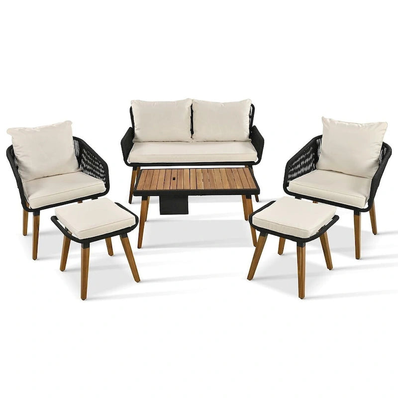 Ensemble de mobilier de jardin en corde 6 pièces pour 6 personnes avec deux tabourets et une table de bar tendance.