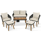 Ensemble de mobilier de jardin en corde 6 pièces pour 6 personnes avec deux tabourets et une table de bar tendance.