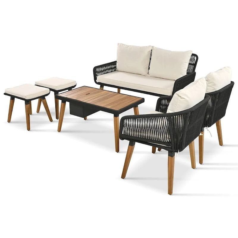 Ensemble de mobilier de jardin en corde 6 pièces pour 6 personnes avec deux tabourets et une table de bar tendance.