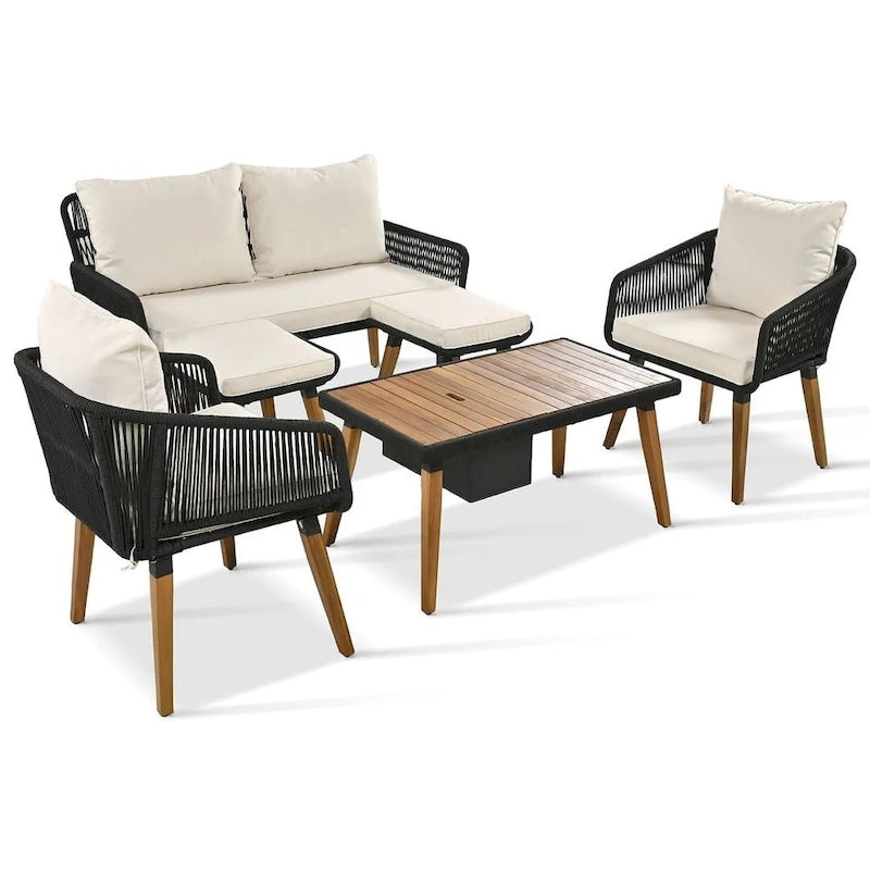 Ensemble de mobilier de jardin en corde 6 pièces pour 6 personnes avec deux tabourets et une table de bar tendance.