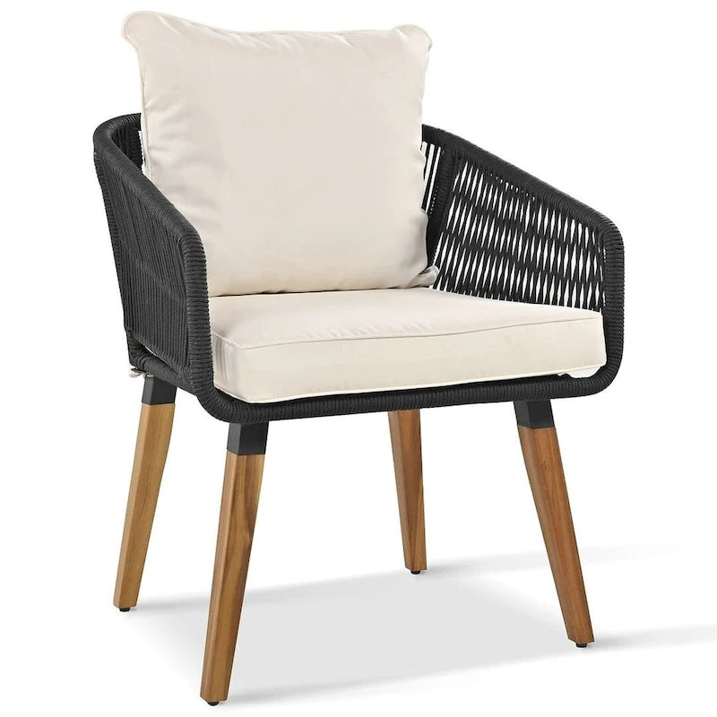 Ensemble de mobilier de jardin en corde 6 pièces pour 6 personnes avec deux tabourets et une table de bar tendance.