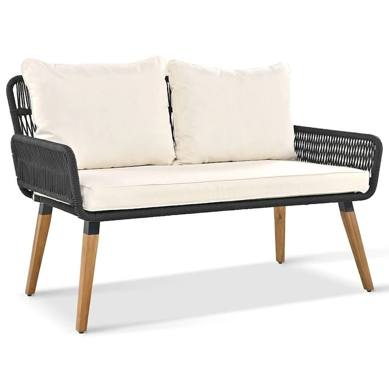 Ensemble de mobilier de jardin en corde 6 pièces pour 6 personnes avec deux tabourets et une table de bar tendance.