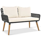Ensemble de mobilier de jardin en corde 6 pièces pour 6 personnes avec deux tabourets et une table de bar tendance.