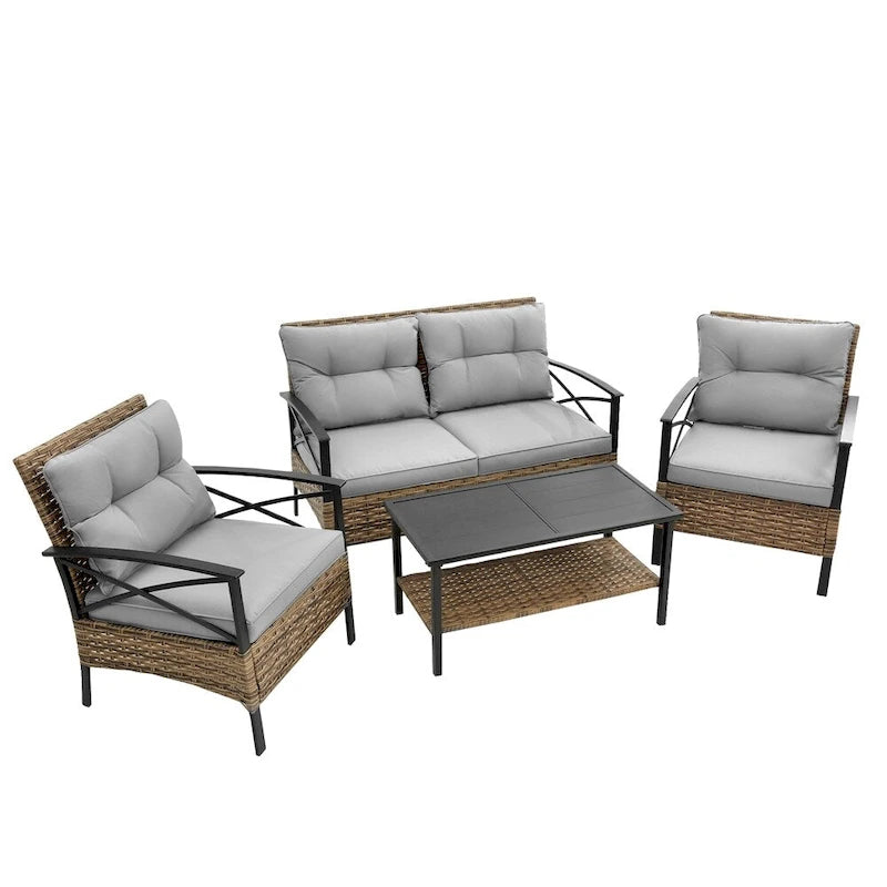 Ensemble de canapé d'angle 4 pièces pour patio, avec coussins
