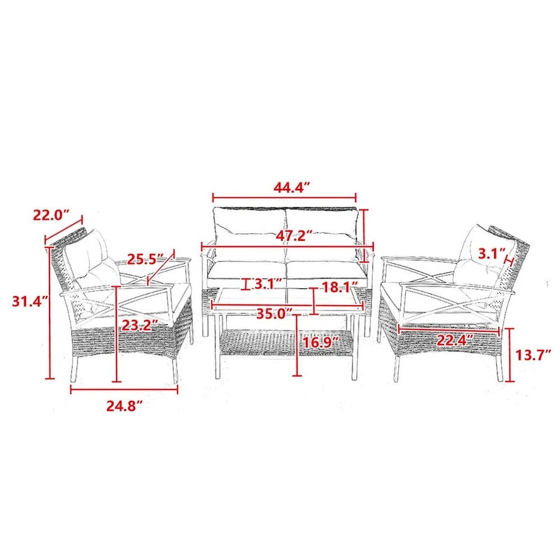 Ensemble de canapé d'angle 4 pièces pour patio, avec coussins