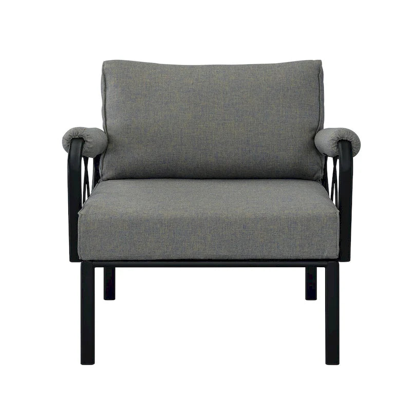 Ensemble de mobilier de jardin : chaise sans accoudoirs, fauteuil et pouf en tissu gris et finition noire