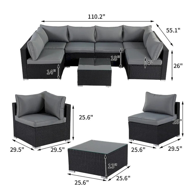 Ensemble de canapé d'extérieur 7 pièces en résine tressée noire avec coussins gris et table basse