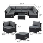 Ensemble de canapé d'extérieur 7 pièces en résine tressée noire avec coussins gris et table basse