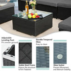 Ensemble de canapé d'extérieur 7 pièces en résine tressée noire avec coussins gris et table basse