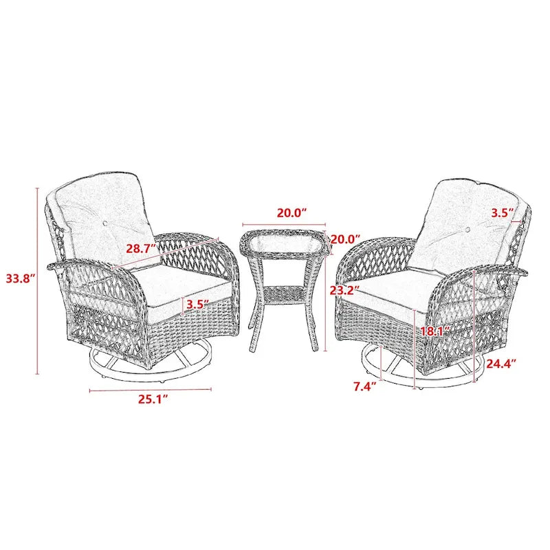 Ensemble de 3 fauteuils de jardin pivotants à bascule, avec coussins épais et table basse.