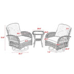 Ensemble de 3 fauteuils de jardin pivotants à bascule, avec coussins épais et table basse.