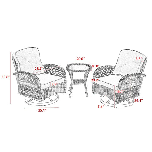 Ensemble de 3 fauteuils de jardin pivotants à bascule, avec coussins épais et table basse.