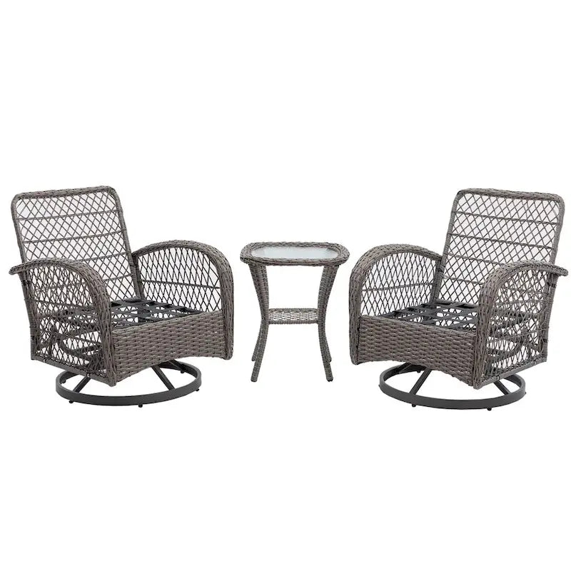 Ensemble de 3 fauteuils de jardin pivotants à bascule, avec coussins épais et table basse.